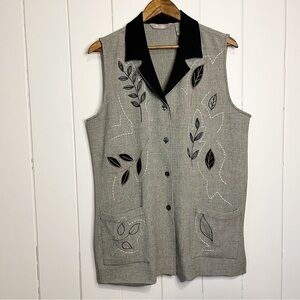 TanJay Grey Embroidered Leaf Design Long Collared Vest. Size 12.